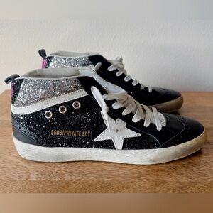 Golden Goose Black and Silver Glitter Private Edition Mid-Star Sneakers